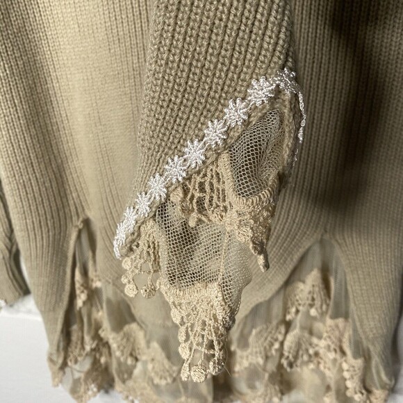 Womans Knit Tunic Lace Crochet Ruffle Hem Beige Sweater SZ ? M Embroidered Boho - Picture 6 of 11